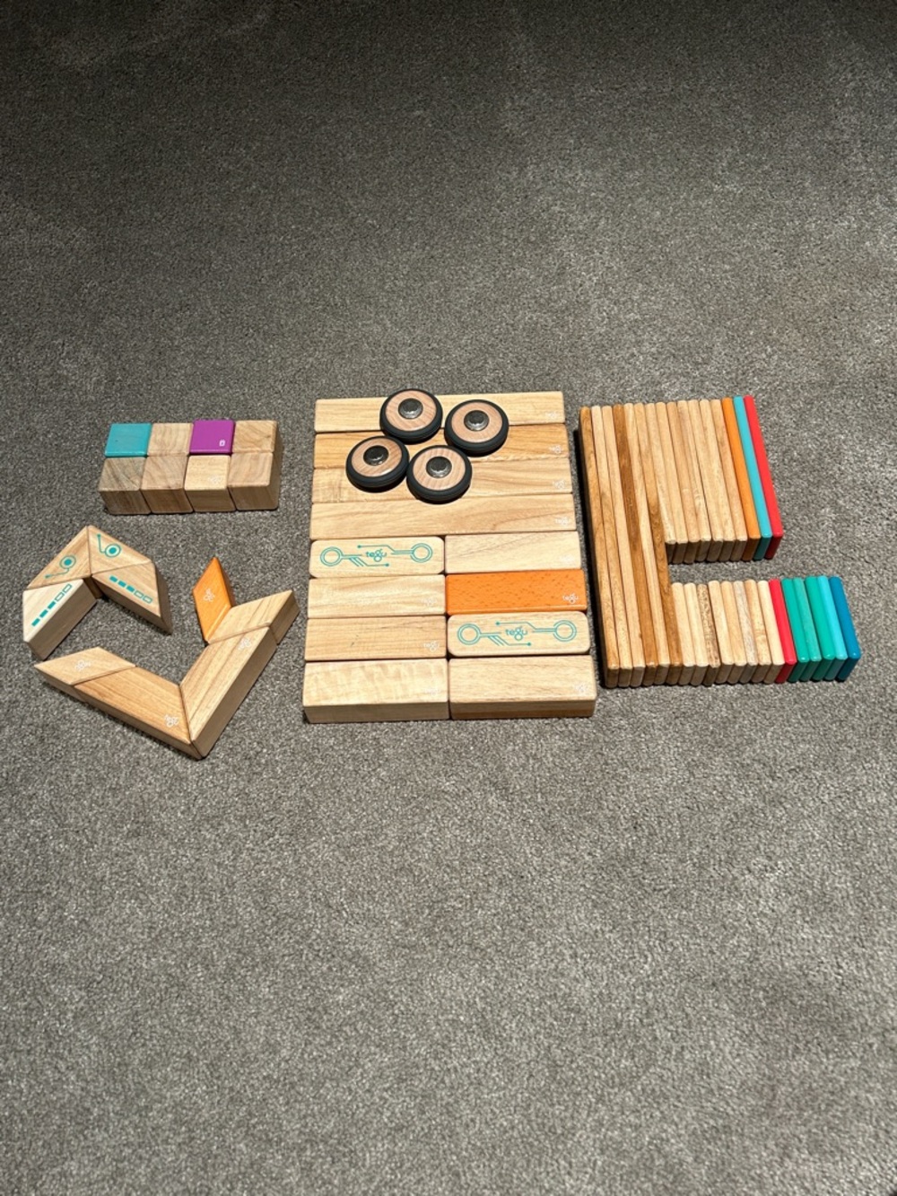 Magnetic Wooden Building Blocks Set with Teal, Orange, Purple, Red Accents